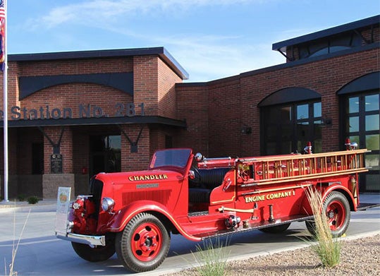 ​  The Old Dodge, Chandler's first fire engine, is on display in the lobby of Fire Headquarters. ​