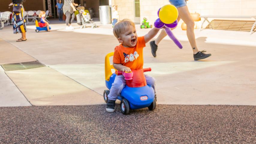kid on a push cart at fall festival