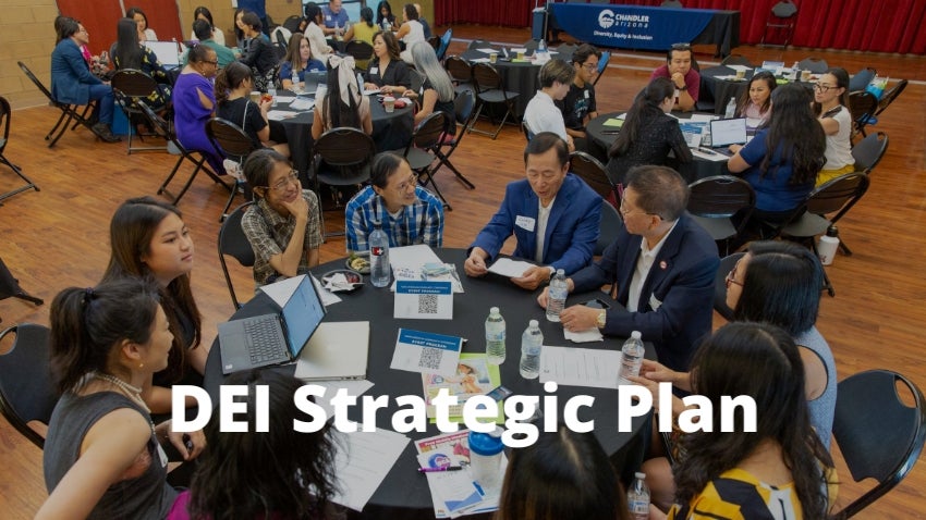 Image of people sitting at roundtables during a conference with text: DEI Strategic Plan