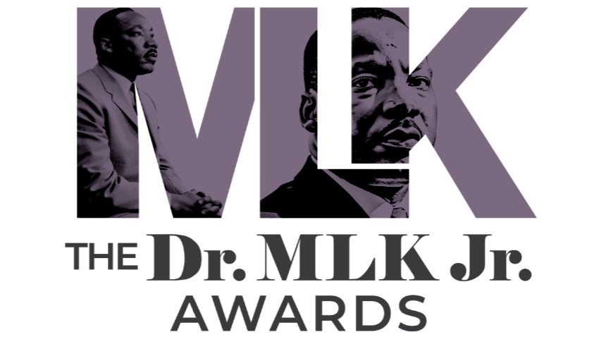 MLK logo with silhouette Dr. King with text The Dr. MLK Jr. Awards underneath