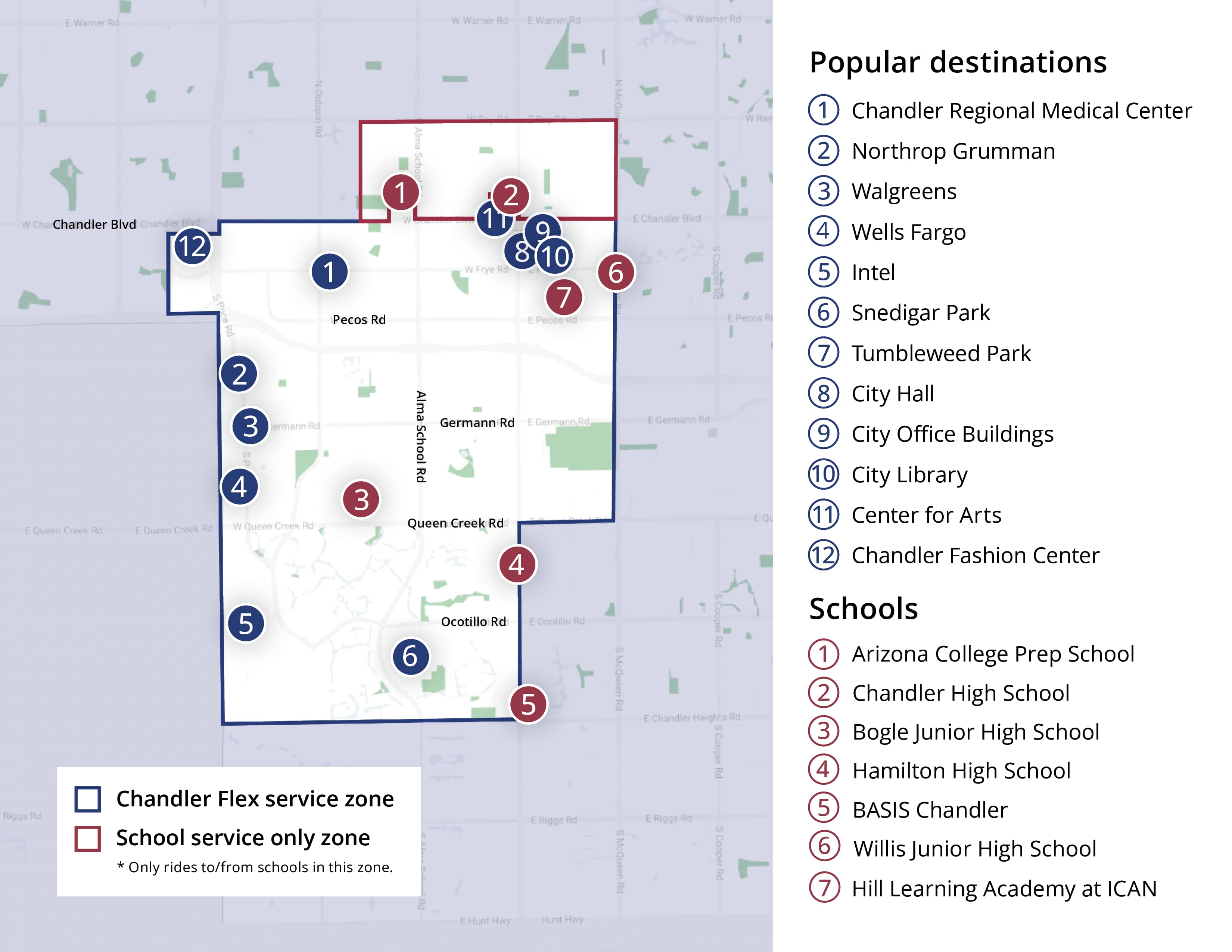 Chandler Flex Zone Map including popular destinations and school drop-offs