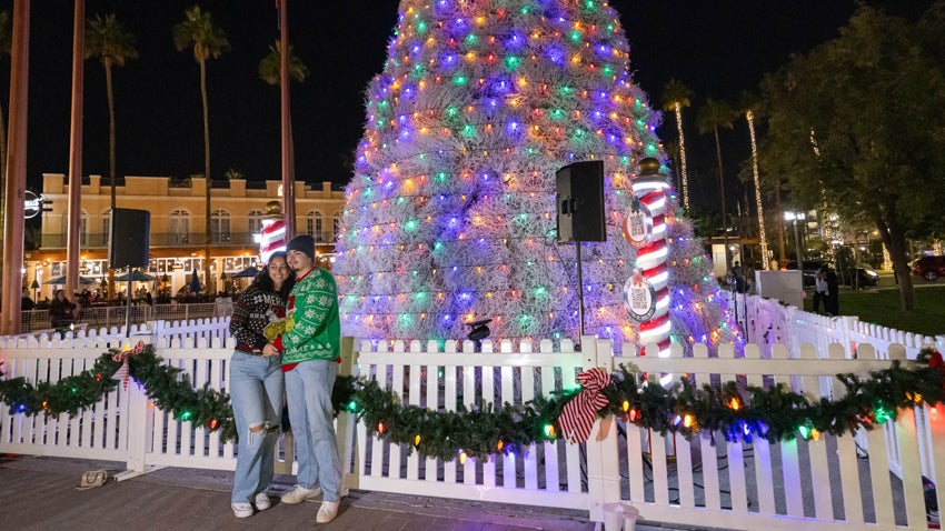 Couple taking photo in front of the Tumbleweed Tree