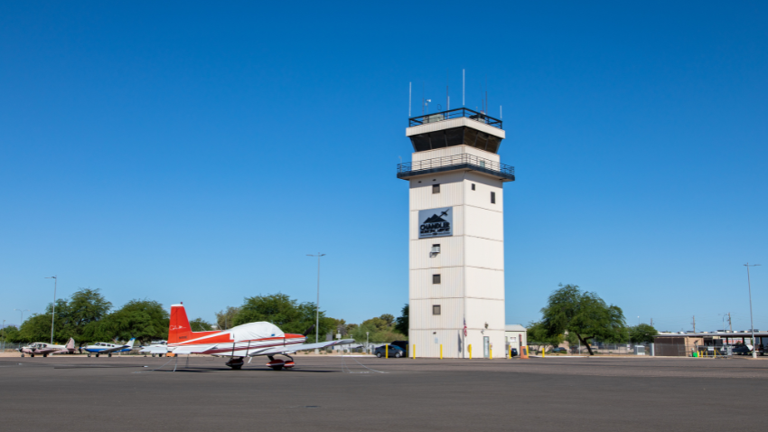 Chandler Airport with plane and tower Chandler Airport with plane and tower