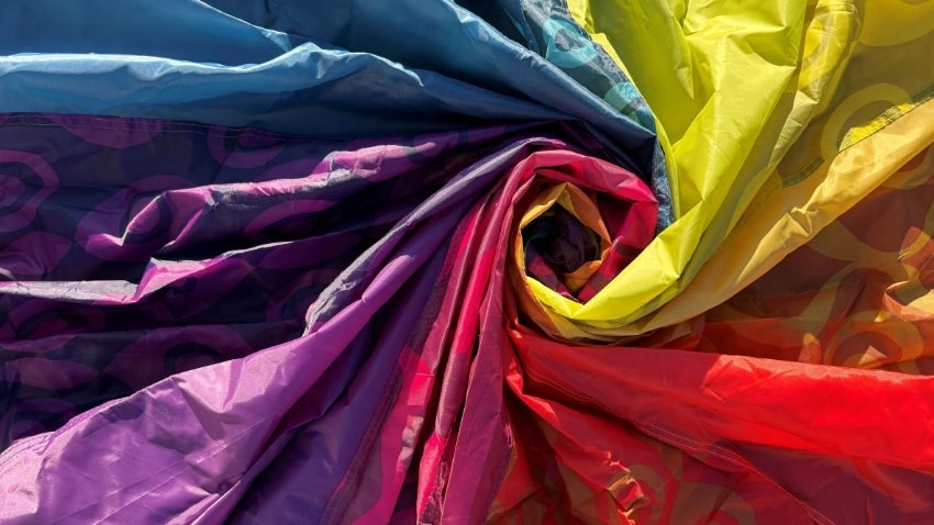 parachutes in various colors spiraled together