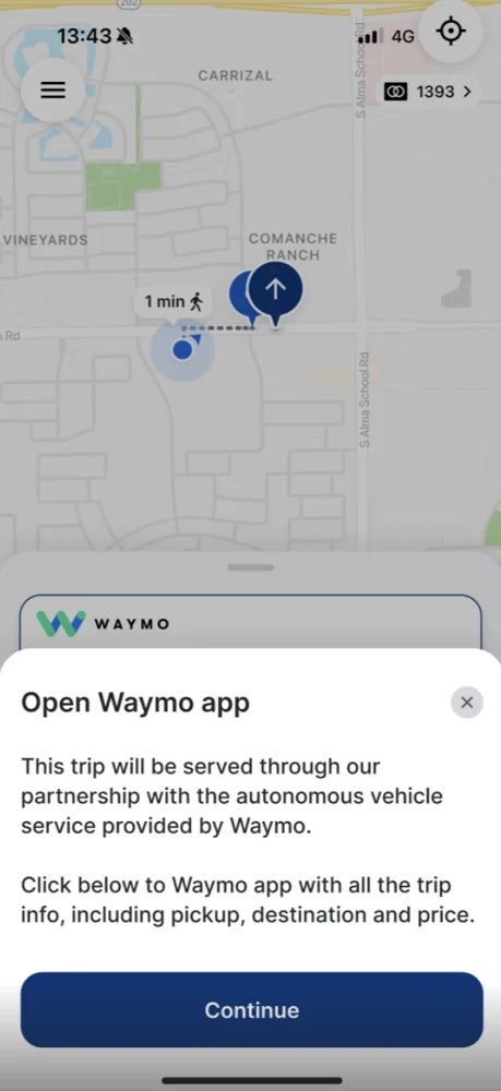 Screenshot of Waymo Ride App Experience