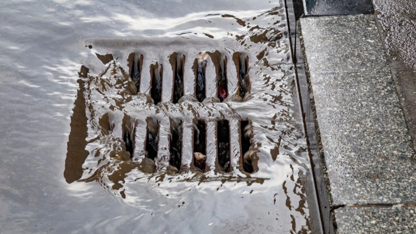 Storm drain with water flow