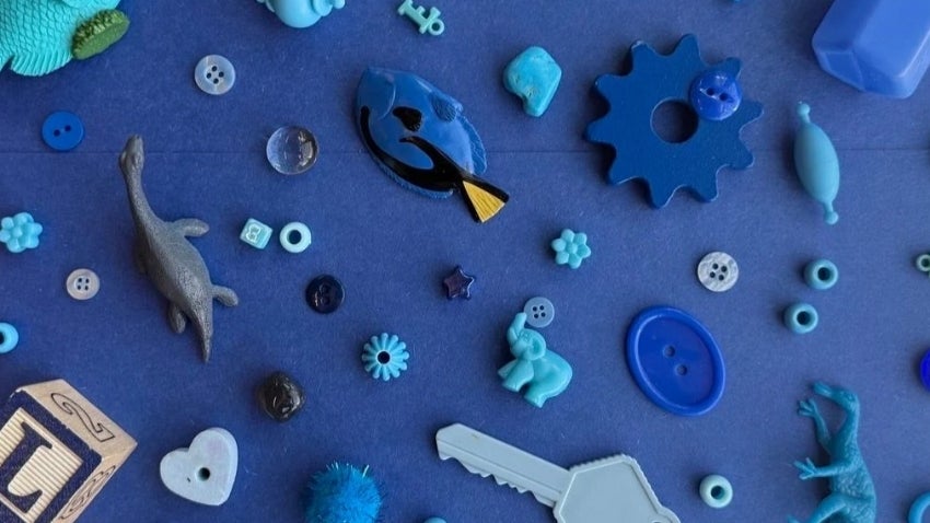 Collage of blue toys and knick knacks