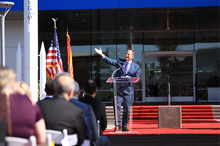 Mayor Kevin Hartke giving remarks during Northrop Grumman ribbon-cutting ceremony