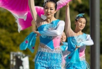 Asian dancers performing online waving large pink fans