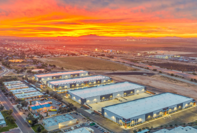 Aerial view of Chandler industrial area and sunset
