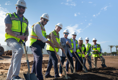 Mayor Kevin Hartke (center) with employees from DPC Companies and Alcorn Construction. Also pictured is Chandler's Economic Development Director and Chamber President Terri Kimble