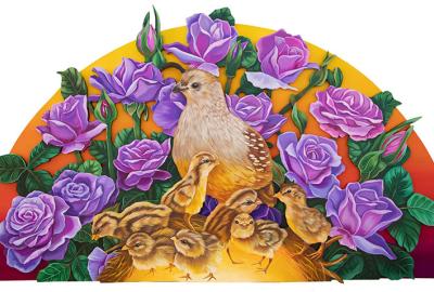 Bird surrounded by baby birds and purple and green flowers