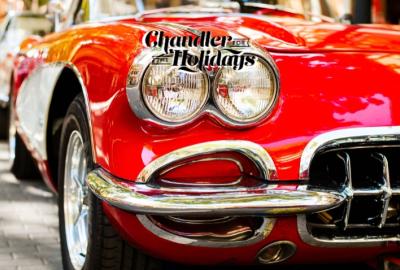 Vintage red car with the Chandler for the Holidays logo