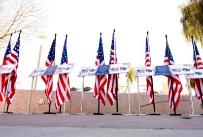 American flags on stands as viewed from below