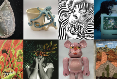 Eight squares featuring different art works, including wire jewelry, an octopus coffee mug, black and white drawing