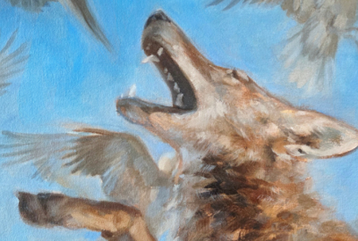 Painting of a coyote from the neck up with its mouth open. The background is a bright blue with bird wings scattered throughout.