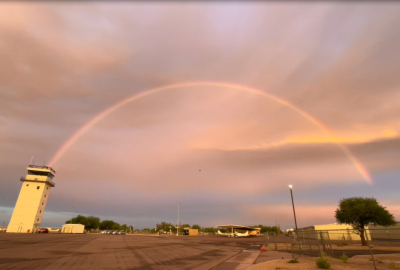 Rainbow appearing across the runway at Chandler Municipal Airport.