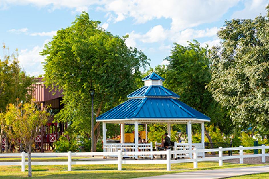 A ramada surrounded by lush trees at Tumbleweed Park