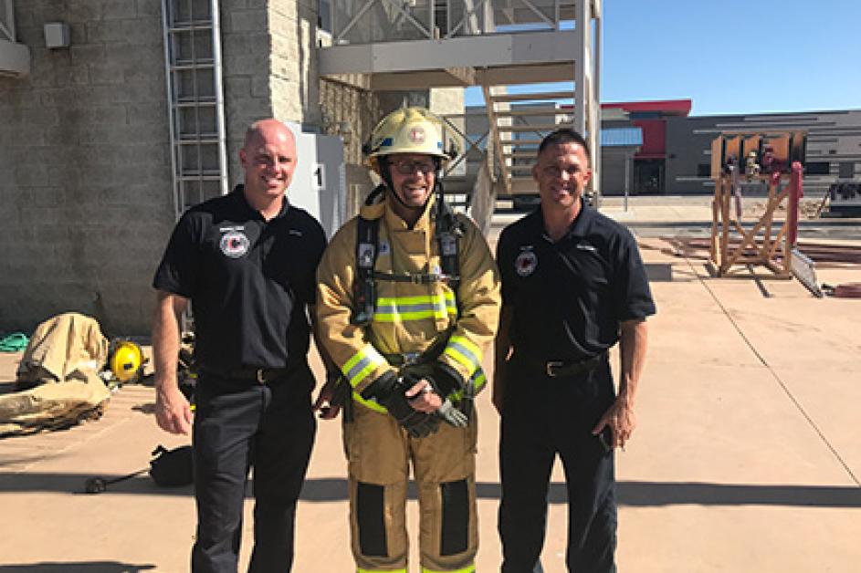 Councilmember Jeremy McClymonds in turn out gear at the Chandler Public Safety Training Center