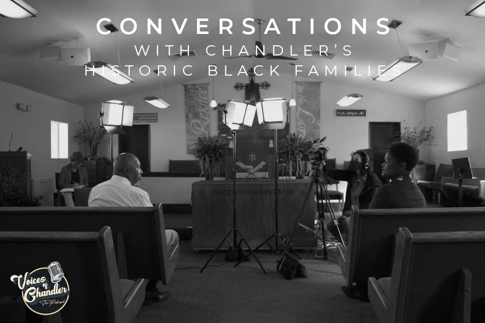 Black and white image of Charles Payne being interviewed: Text over photo: Conversations with Chandler's Historic Black Families