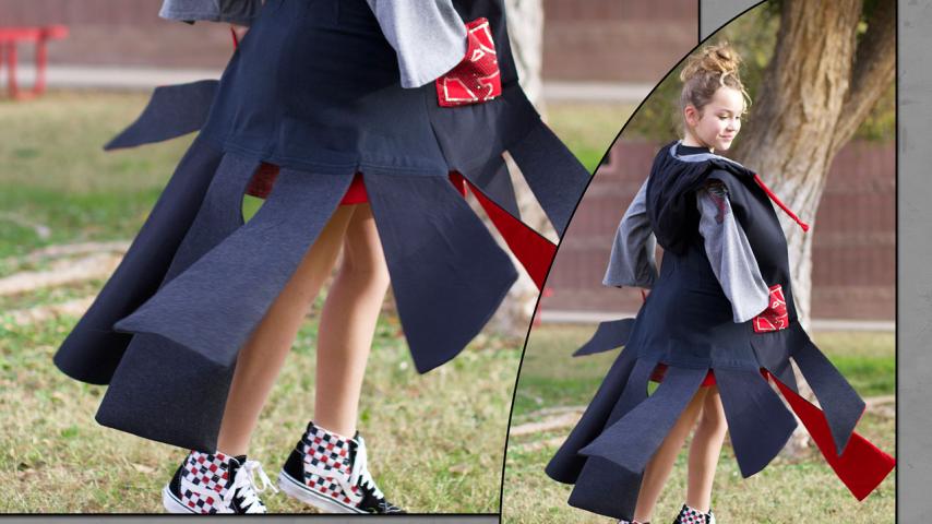Close-up of model and cape