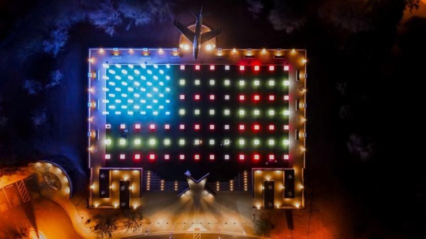 Field of Honor at night with red, white, and blue lights