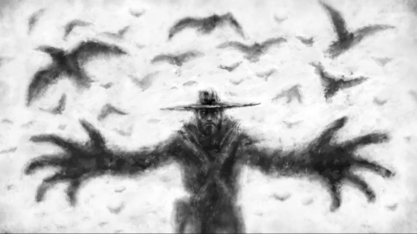 artistic image of a ghost cowboy with arms outstretched with crows flying above him 