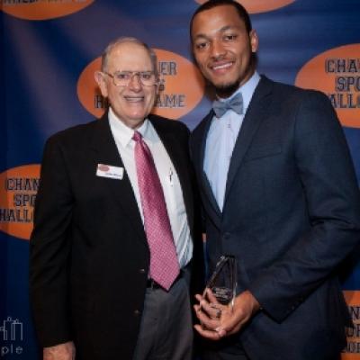 Chandler Sports Hall of Fame president Eddie Wilson with inductee Brett Hundley, 2017