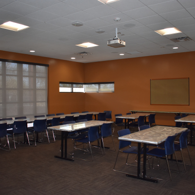 Tables, chairs, glass door  at the Nature Center