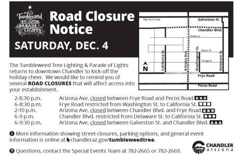 tumbleweed tree lighting road closures