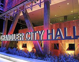 Photo of Chandler City Hall signage at night