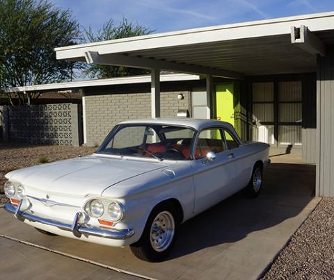 Corvair in front of Carla Vista neighborhood home built in 1956