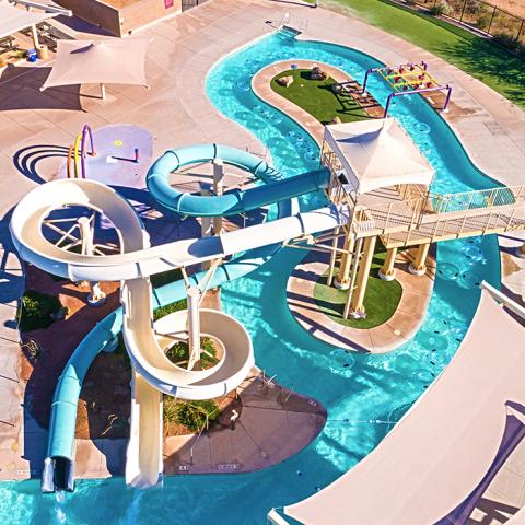 Mesquite Groves Aquatic Center slides and lazy river