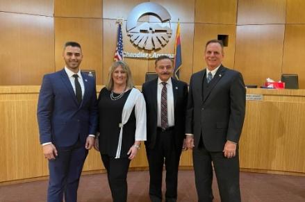 Councilmember Angel Encinas, Councilmember Jane Poston, Vice Mayor Matt Orlando and Mayor Kevin Hartke inside the Council Chambers