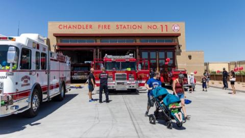 Chandler Fire Station 11 with fire trucks and people outside