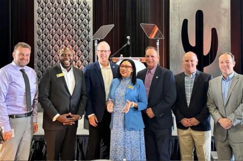 Chandler leaders: City manager, Mayor and Councilmembers, Andy Bass and Micah Miranda with award