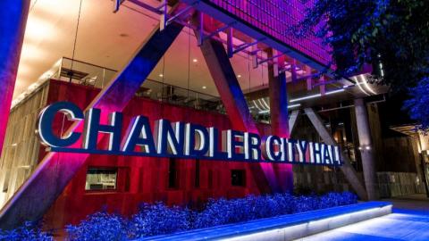 Chandler City Hall signage at night