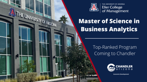 Exterior photo of UArizona's Downtown Chandler location on the right; UArizona logo and text on the right: Master of Science in Business Analytics Top Ranked Program Coming to Chandler City of Chandler logo