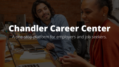 Shaded graphic with two people working on laptops with text Chandler Center Center: A one-stop platform for employers and job seekers