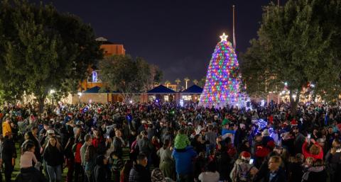 Tumbleweed Tree lit with LED lights surrounded by a crowd of people