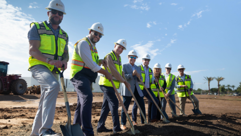 Mayor Kevin Hartke (center) with employees from DPC Companies and Alcorn Construction. Also pictured is Chandler's Economic Development Director and Chamber President Terri Kimble