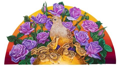 Bird surrounded by baby birds and purple and green flowers