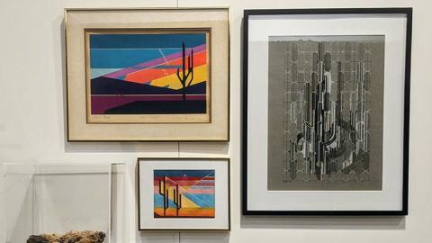 Two colorful abstract photos of cacti in frames and one abstract image of a cactus in black and white