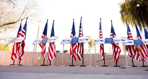 American flags on stands as viewed from below