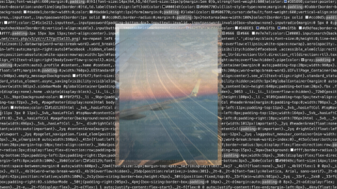 Airplane wing in front of a sunset and clouds as seen from the sky in the middle of a background of computer code