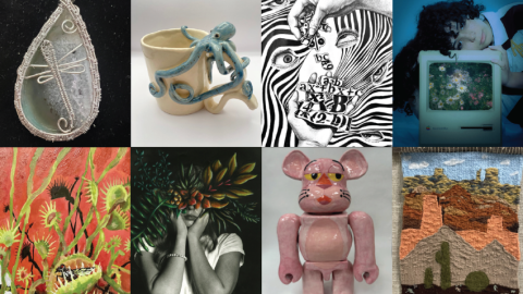 Eight squares featuring different art works, including wire jewelry, an octopus coffee mug, black and white drawing