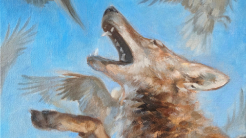 Painting of a coyote from the neck up with its mouth open. The background is a bright blue with bird wings scattered throughout.