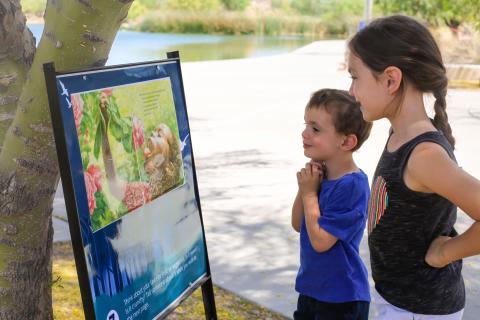 children reading storywalk book