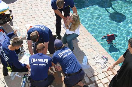 Simulation of a child drowning emergency response. Simulation of a child drowning emergency response