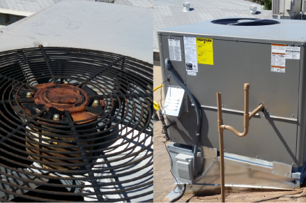 A rusted, broken HVAC unit, replaced for a Chandler resident during summer months.